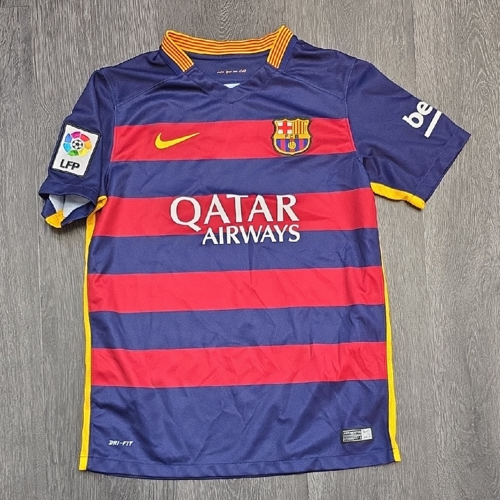 Vintage. Nike Kids Barcelona Striped Blue and Red Soccer Jersey